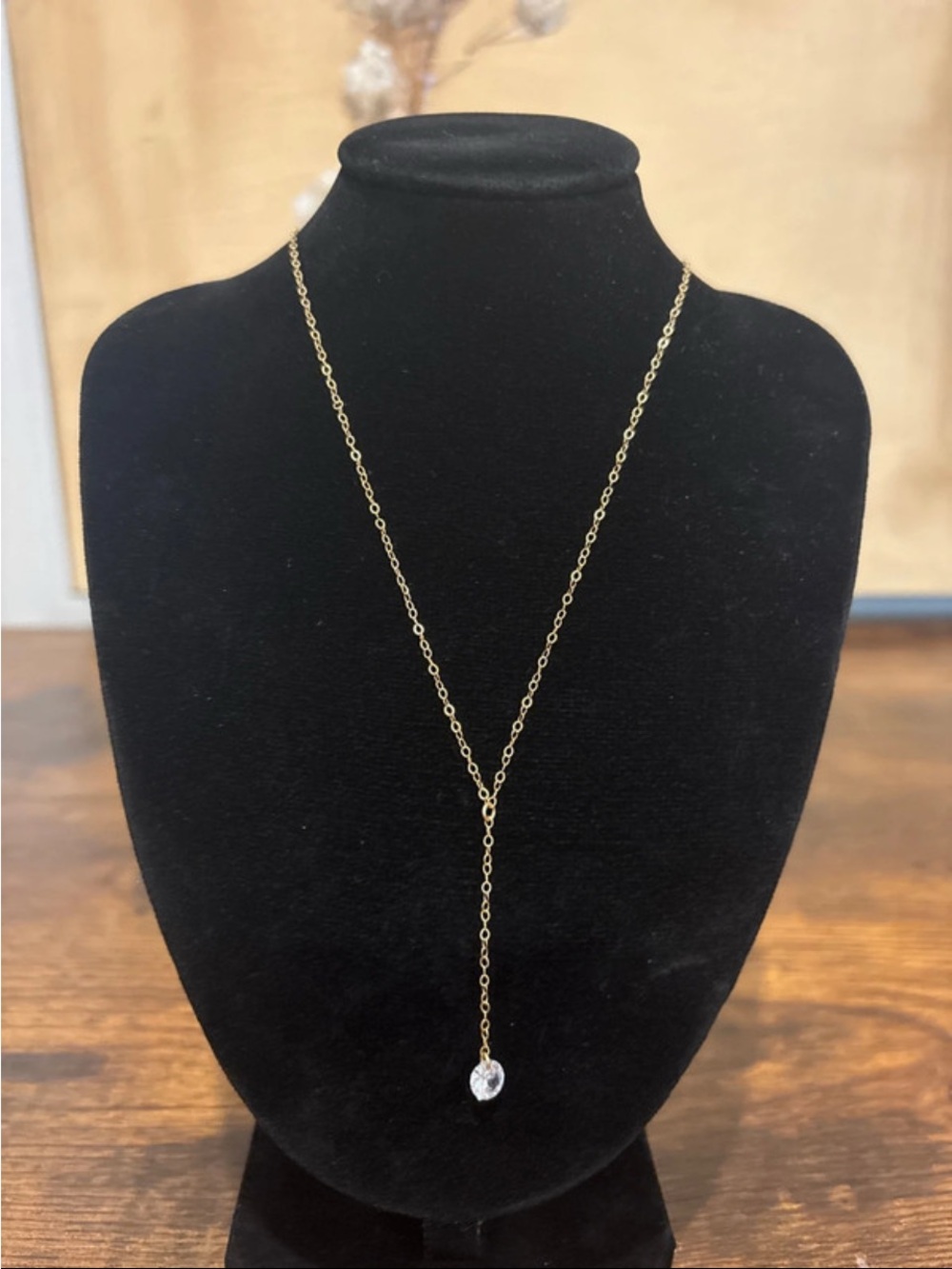 Gold Lariat Necklace with Clear Crystal Drop